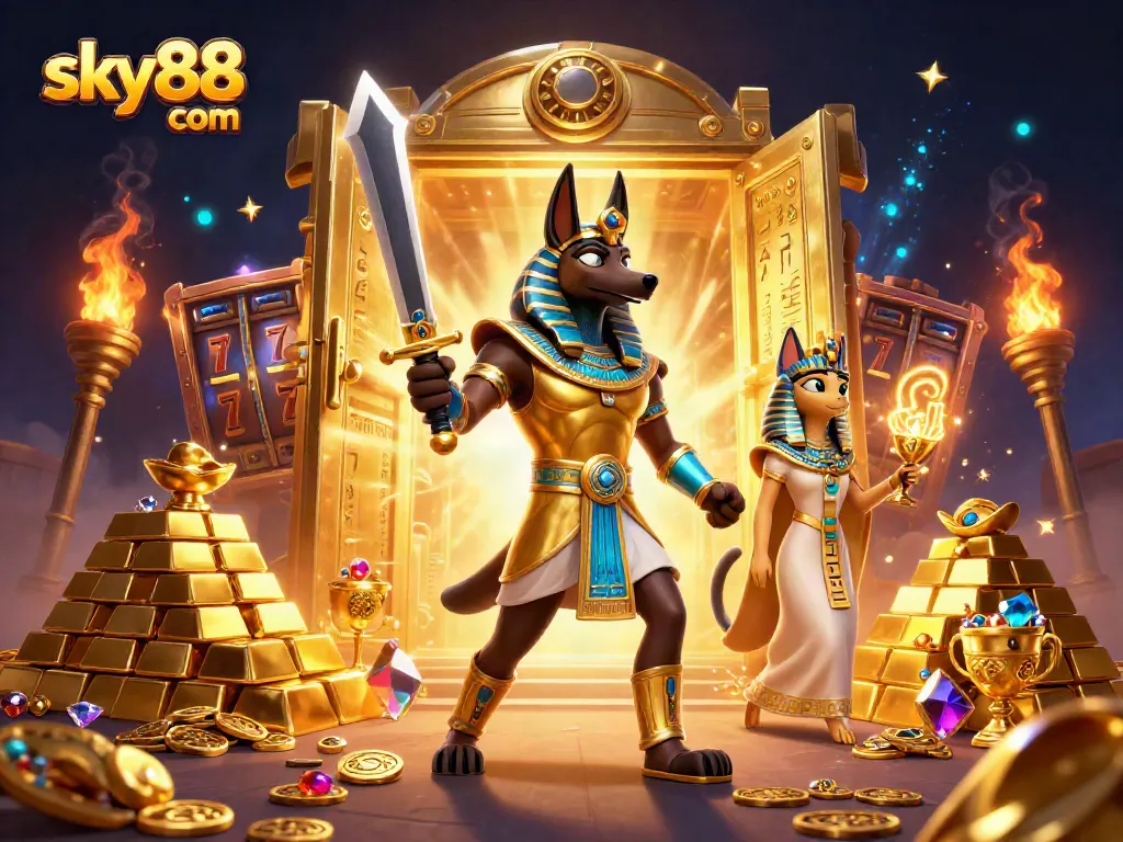 Immerse in sky88 com's golden treasures and jackpots with Anubis and Bastet in this vibrant casino scene.