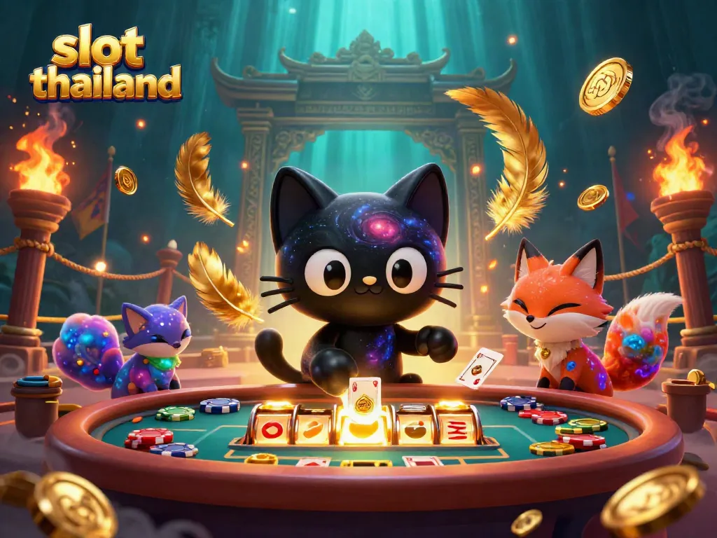 Engaging scene of a cosmic black hole cat and a nebula fox characterizing slot thailand with vibrant casino elements.