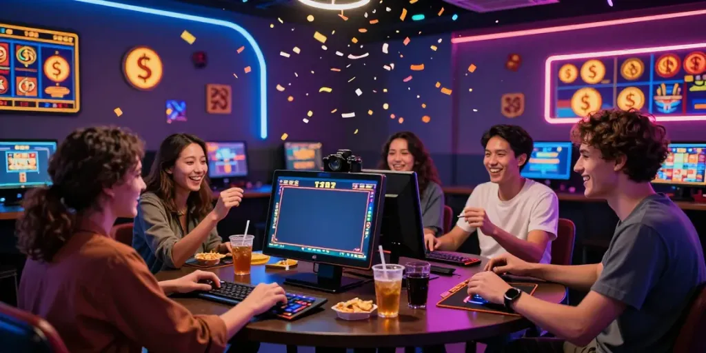 Group enjoying luxury12 slot games in a lively gaming lounge