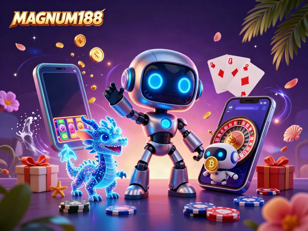 Experience thrilling gaming with MAGNUM188 in this vibrant 3D casino illustration, featuring interactive elements.