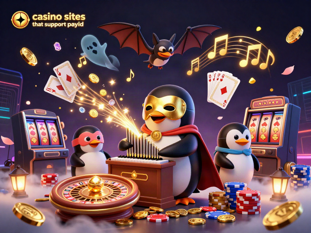 Experience excitement with casino sites that support payid, featuring vibrant characters, golden coins, and slot machines.