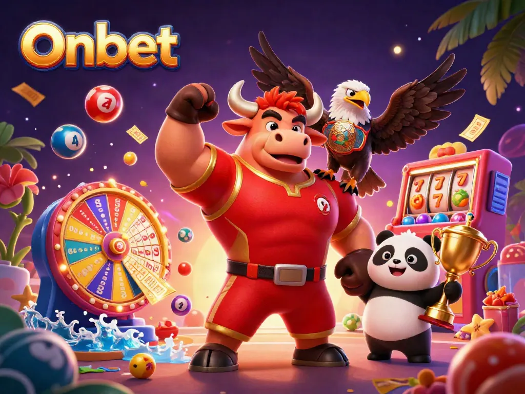 Onbet showcases a vibrant casino scene with a bull mascot celebrating a victory alongside a trophy panda, embodying thrilling gaming excitement.