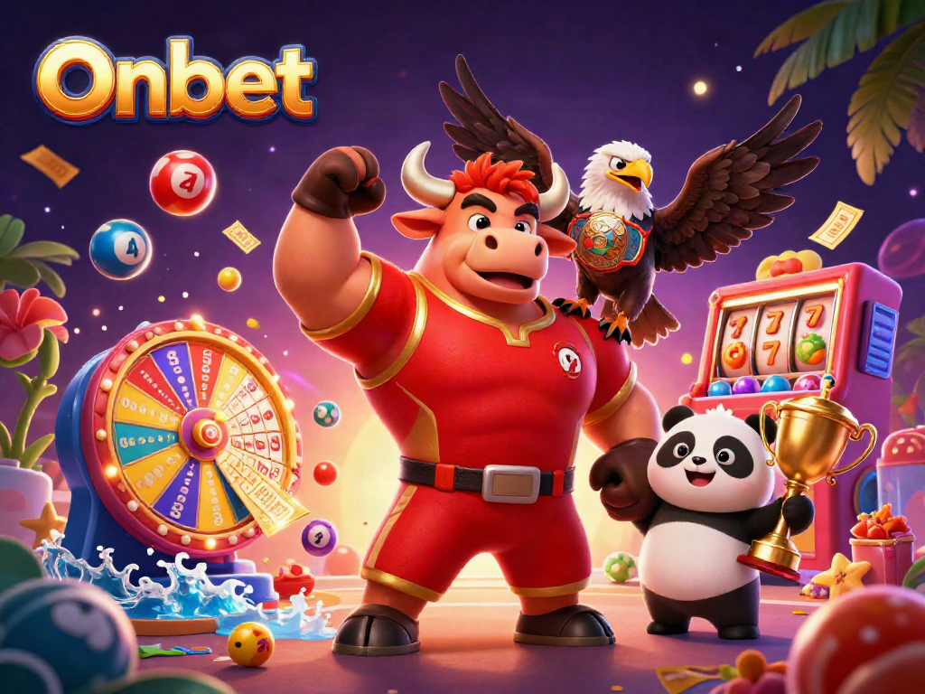 Onbet showcases a vibrant casino scene with a bull mascot celebrating a victory alongside a trophy panda, embodying thrilling gaming excitement.
