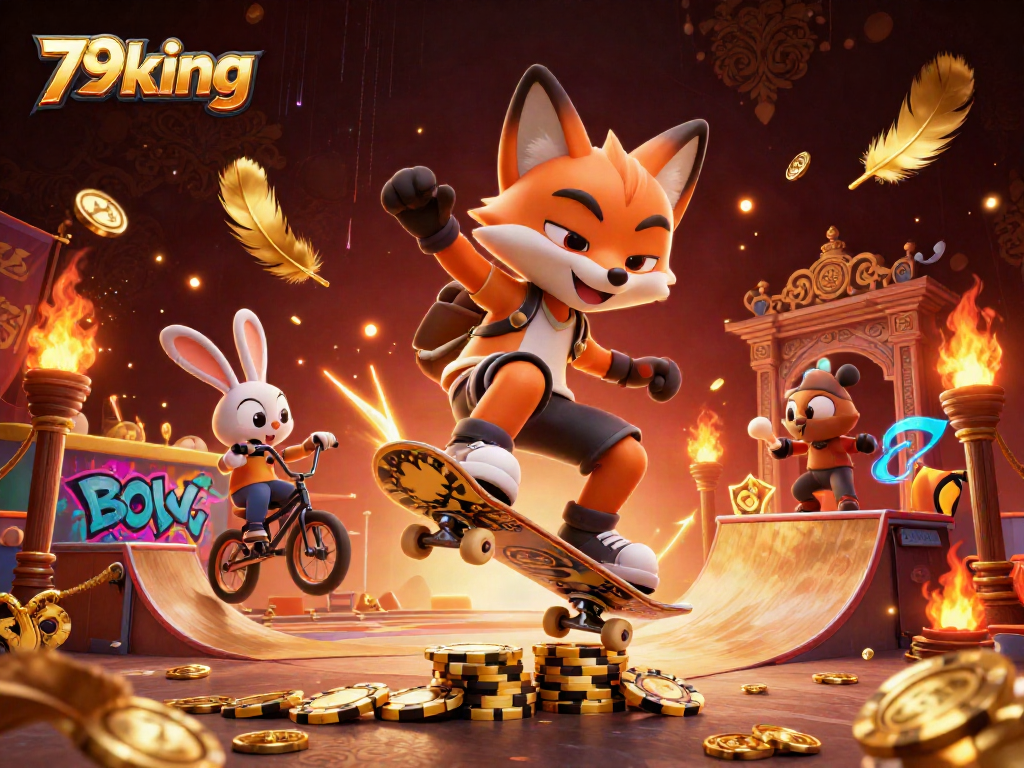 Experience thrilling gameplay with 79king, featuring a skateboarder fox and BMX rabbit in a vibrant casino scene.