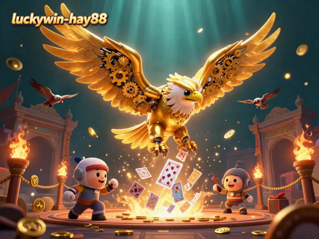 Experience the thrill of winning at luckywin-hay88 with 3D cartoon golden eagle diving through holographic cards.