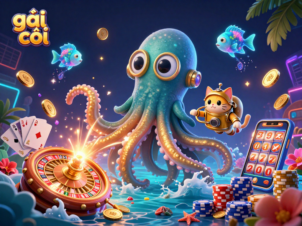 Engaging scene depicting gái gọi themed casino with a kraken, diving cat, and dynamic game elements.