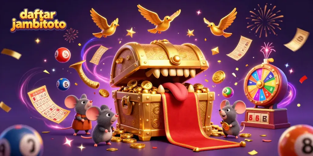 Play lottery games and win with daftar jambitoto, featuring gold chests and colorful balls.