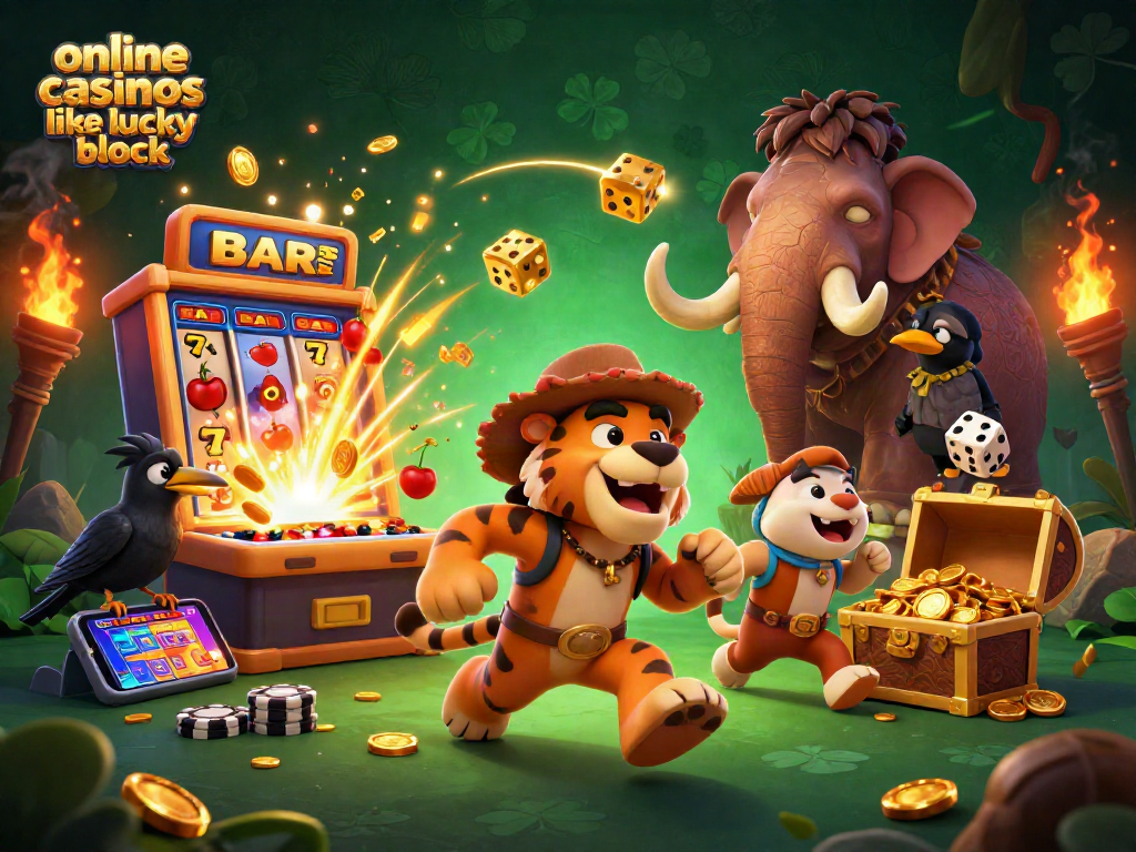 Experience thrilling gaming at online casinos like Lucky Block with vibrant illustrations, colorful games, and rich casino elements.
