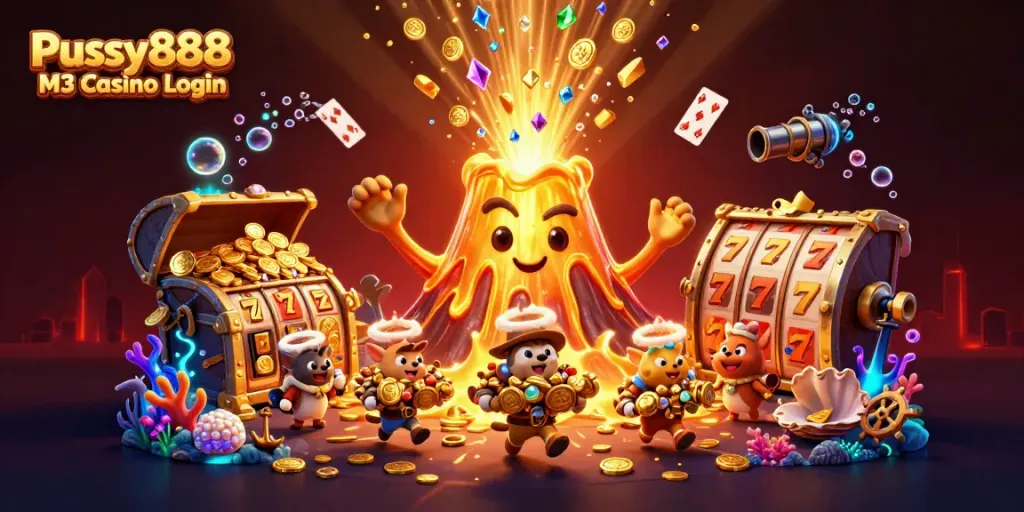 Pussy888 M3 Casino Login featuring a golden volcano erupting treasure, showcasing vibrant slot elements.