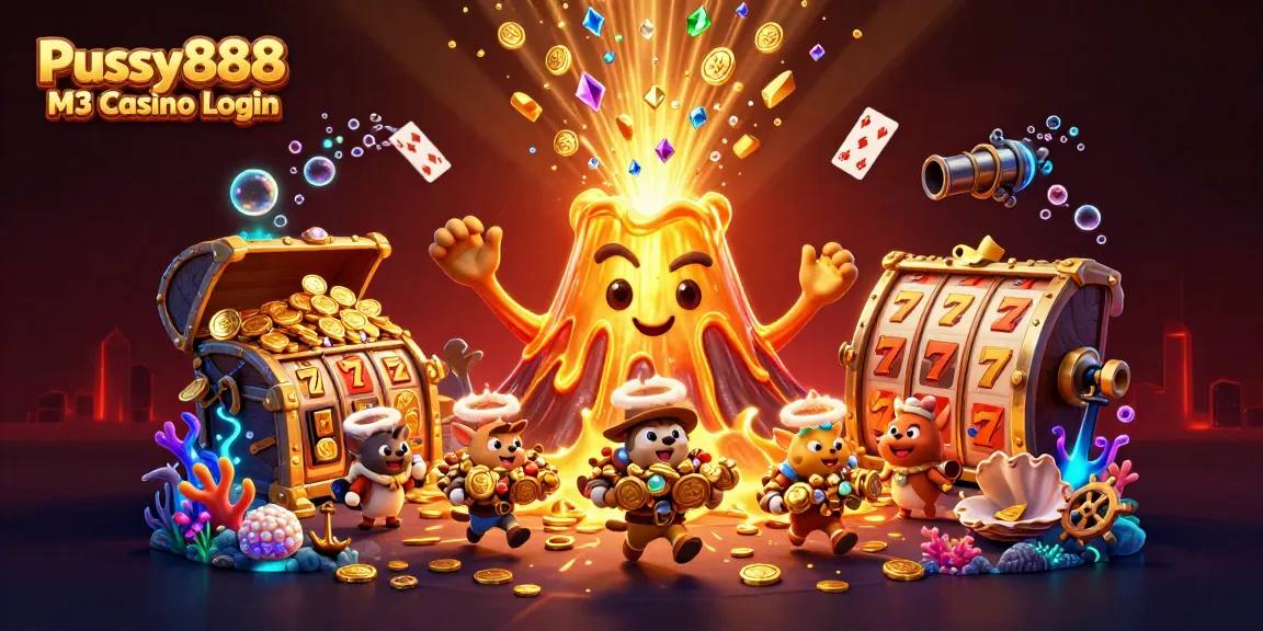 Pussy888 M3 Casino Login featuring a golden volcano erupting treasure, showcasing vibrant slot elements.