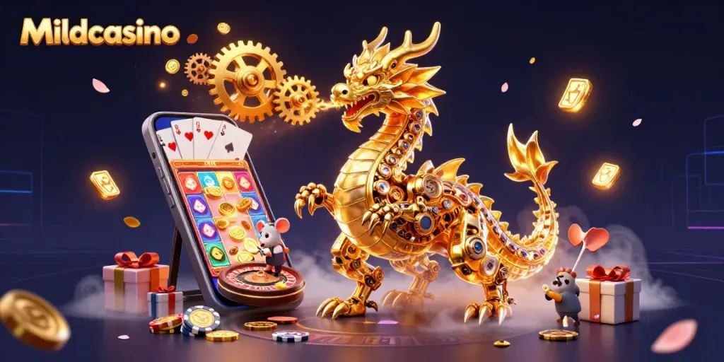 Mildcasino offers an exhilarating gaming experience with a golden dragon and thrilling casino elements.