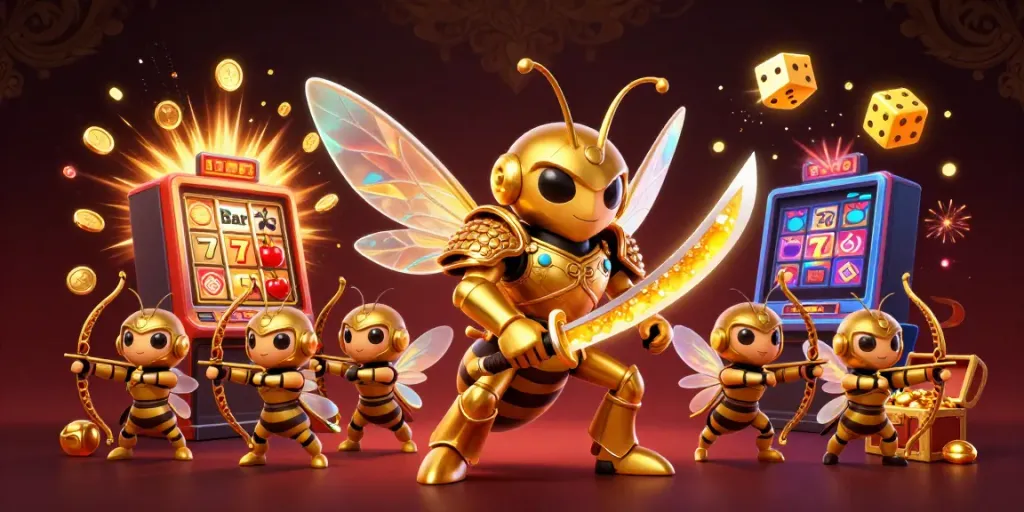 Bermain slot gacor terpercaya dengan mesin slot melimpah dan karakter unik dalam ilustrasi 3D.